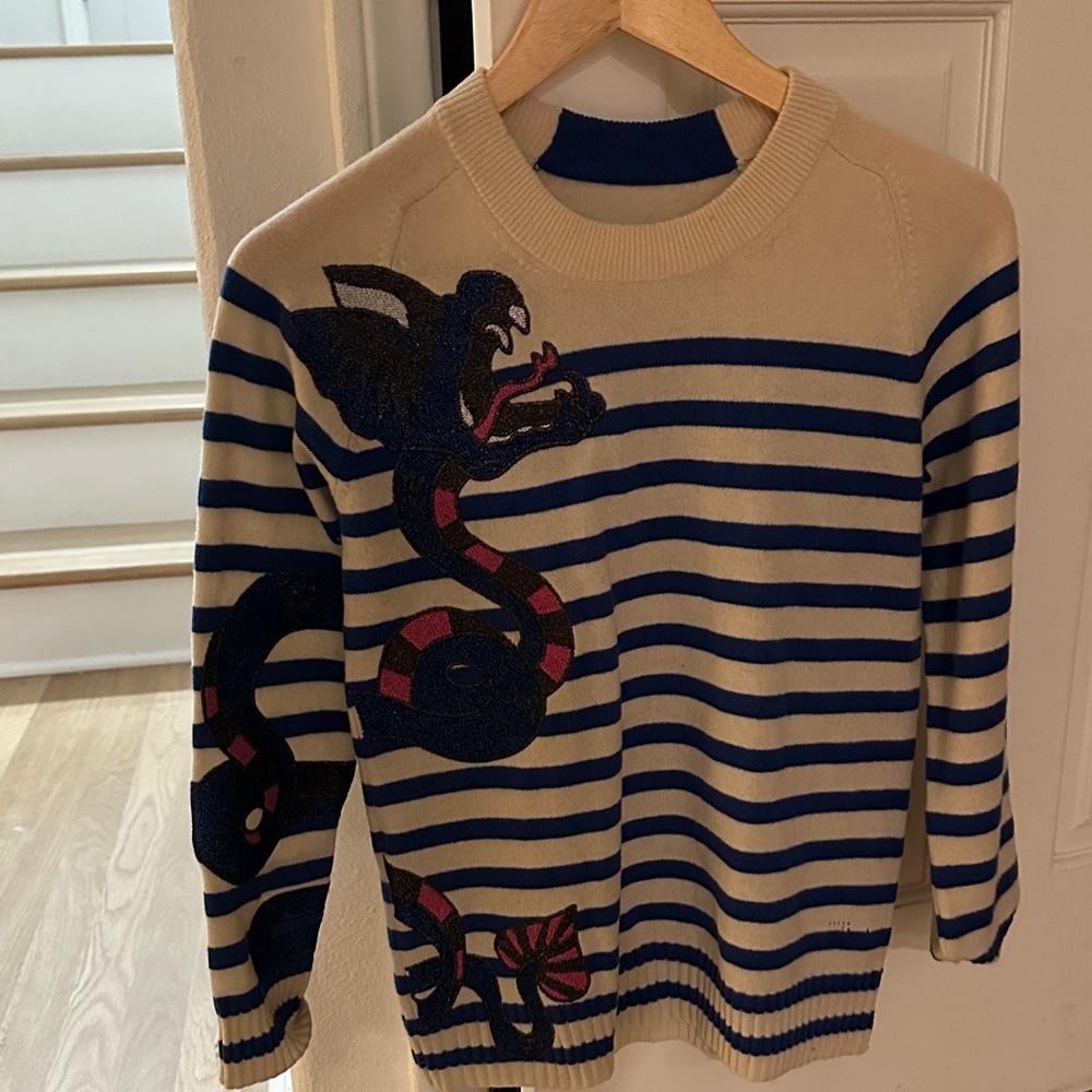 Zadig & Voltaire Cream and Blue Striped Sweater with Snake Motif